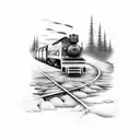 A mesmerizing composition of train tracks merging into a flowing river of blood tattoo design idea