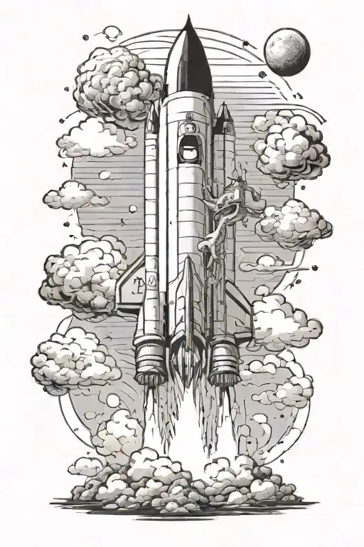 small boy looking at the rocket lifting off in the sky tattoo design idea