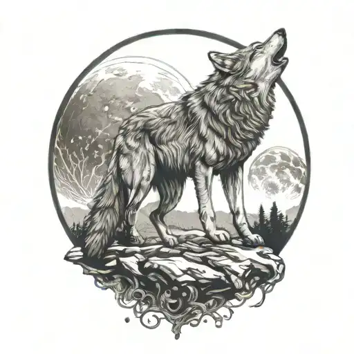 Wolf howling at blood moon tattoo design idea