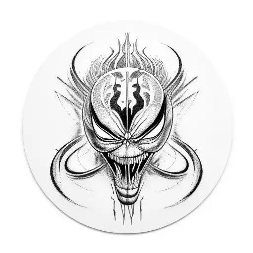 A blackwork tattoo of a vinyl record with Venom's face in the center tattoo design idea