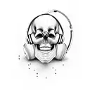 A dotwork tattoo of a skull wearing headphones and surrounded by music symbols tattoo design idea