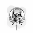 A dotwork tattoo of a skull wearing headphones and surrounded by music symbols tattoo design idea