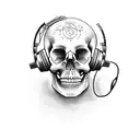 A dotwork tattoo of a skull wearing headphones and surrounded by music symbols tattoo design idea