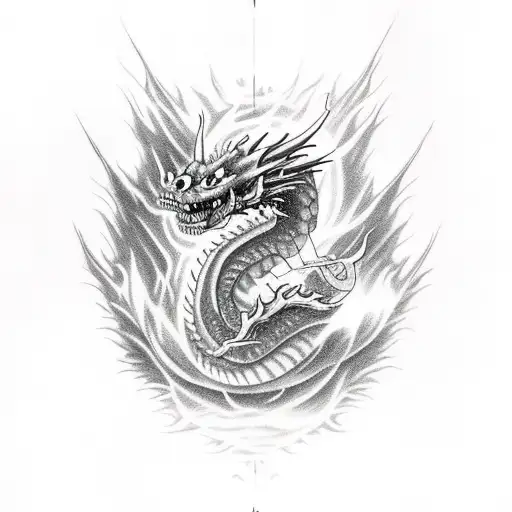 Dragon flying and breathing fire over a pile of skulls tattoo design idea