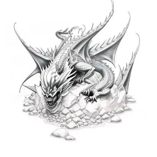 Dragon breathing fire over a pile of skulls tattoo design idea