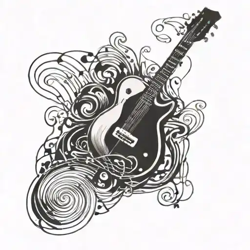 A surrealistic interpretation of a guitar being played by abstract musical notes tattoo design idea