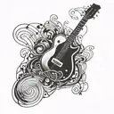 A surrealistic interpretation of a guitar being played by abstract musical notes tattoo design idea