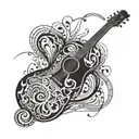A surrealistic interpretation of a guitar being played by abstract musical notes tattoo design idea