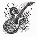 A surrealistic interpretation of a guitar being played by abstract musical notes tattoo design idea