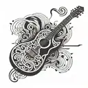 A surrealistic interpretation of a guitar being played by abstract musical notes tattoo design idea