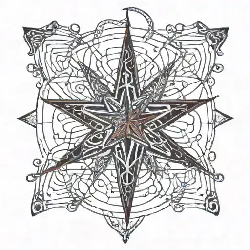 Dotwork Red star with intricate fishing hooks and lines weaving around it  tattoo design idea