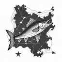 Yugoslavia map incorporating elements of sportfishing such as pike and zander fish tattoo design idea