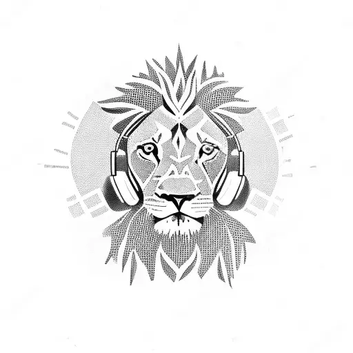 A lion wearing headphones and sitting on a suitcase tattoo design idea