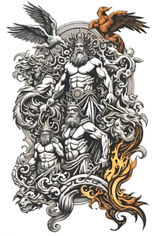 Greek mythology with Poseidon, Zeus, Ares and Phoenix creature with fire tattoo design idea