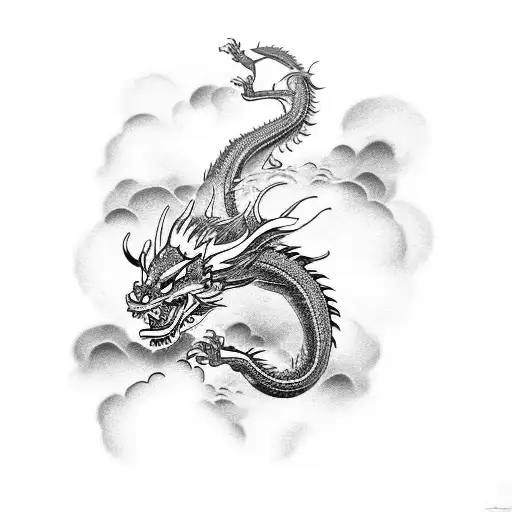 I want a tattoo of an oriental dragon with oriental clouds and some pointillism, tattoo design idea