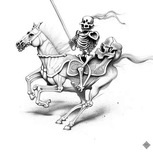 skeleton riding a horse on a ground full of bones,  tattoo design idea