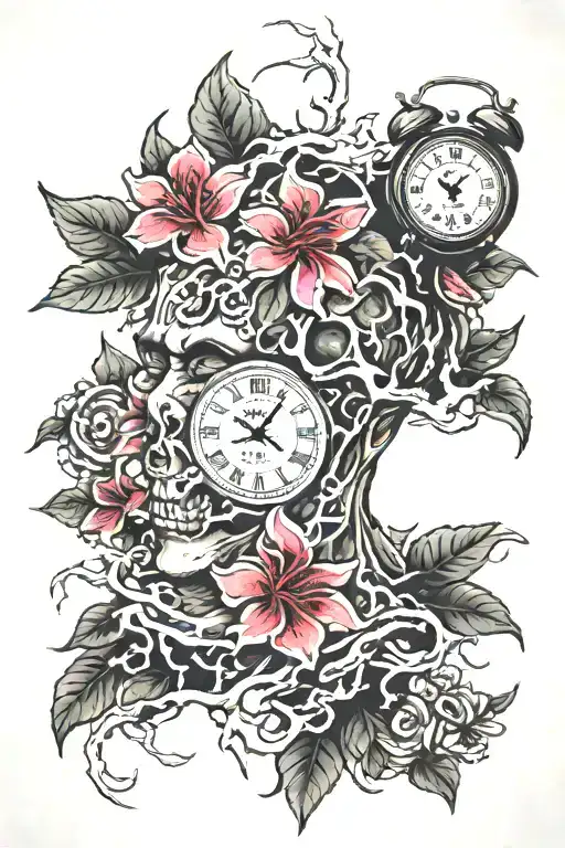 broken mask with clock melting azalea bush tree roots and words tattoo design idea