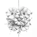 hand holding flowers with lightnings and tools tattoo design idea