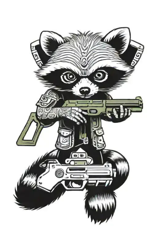 a  tattoo sketch of a raccoon holding a gun, depicted in full body. The design should not be overly detailed tattoo design idea