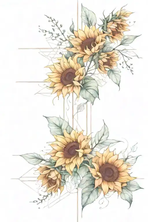 detailed fine line geometric background design, with sunflowers and rose buds,narrow full spine tattoo tattoo design idea