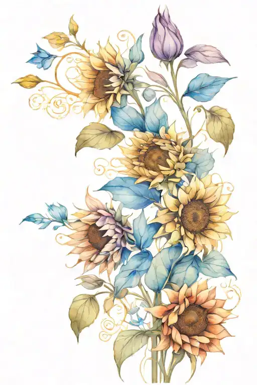 detailed fine line geometric background design with sunflowers and blue bells narrow full spine tattoo tattoo design idea