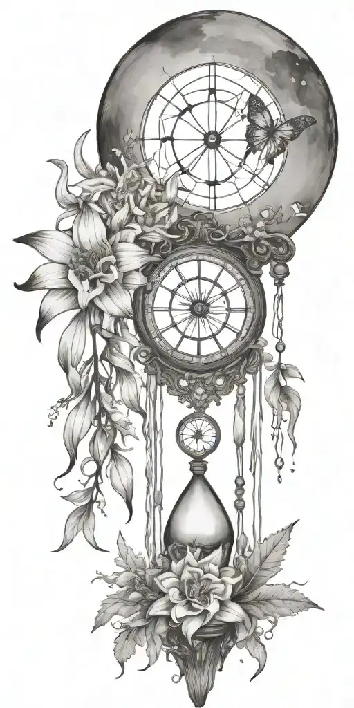 An hourglass moon dream catcher filled with lilies and butterflies Queen Anne's lace  nature tears broken depressed tattoo design idea