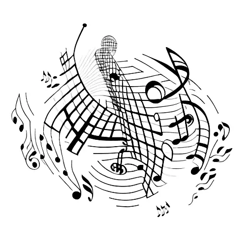 A delicate music note transforming into a flock of birds tattoo design idea