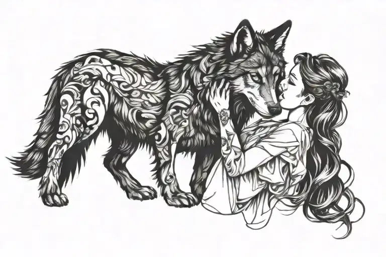 A beautiful composition of a wolf and a woman intertwined, symbolizing the deep connection between you and your wife tattoo design idea