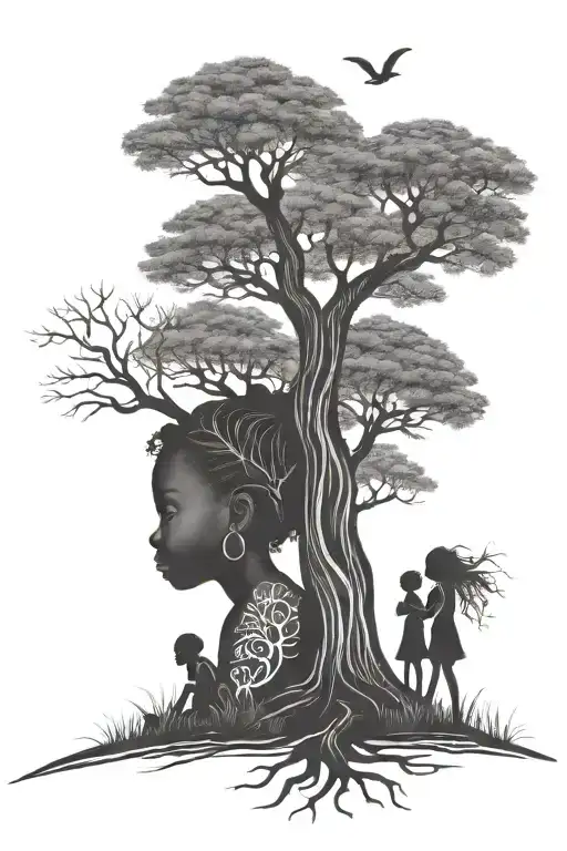 african tree silhouette with little girls playing tattoo design idea