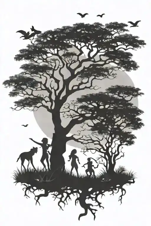 african tree silhouette with princeses playing games tattoo design idea