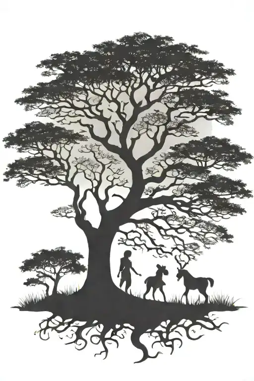 african tree silhouette with princeses playing games tattoo design idea