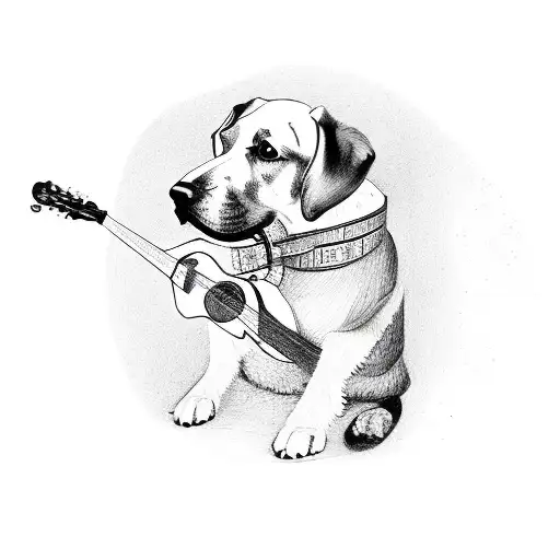 A dog playing a guitar in front of my grandma's house tattoo design idea