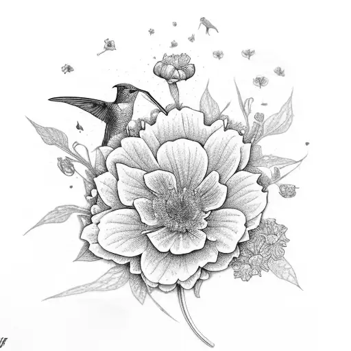 A collage of the following flowers with hummingbirds: Blue Hydrangea, Gerbera daisy, Nasturtium, Peony, and Yellow Rose tattoo design idea