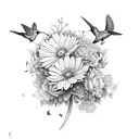 A collage of the following flowers with hummingbirds: Blue Hydrangea, Gerbera daisy, Nasturtium, Peony, and Yellow Rose tattoo design idea