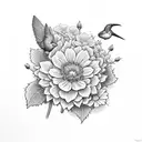 A collage of the following flowers with hummingbirds: Blue Hydrangea, Gerbera daisy, Nasturtium, Peony, and Yellow Rose tattoo design idea