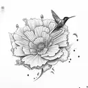 A collage of the following flowers with hummingbirds: Blue Hydrangea, Gerbera daisy, Nasturtium, Peony, and Yellow Rose tattoo design idea