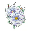 The following flowers with hummingbirds: Blue Hydrangea, Gerbera daisy, Nasturtium, Peony, and Yellow Rose tattoo design idea