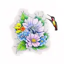 The following flowers with hummingbirds: Blue Hydrangea, Gerbera daisy, Nasturtium, Peony, and Yellow Rose tattoo design idea