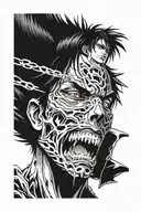 EREN YEAGER IN FRONT AND BEHIND HIM TO THE RIGHT Satoru Gojo, WHO IS TRIPLING Gojo's Unlimited void, and to the left of  tattoo design idea