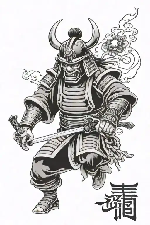 Japanese samurai mask from shoulder to elbow. something above and below him to help fill space if needed.  tattoo design idea