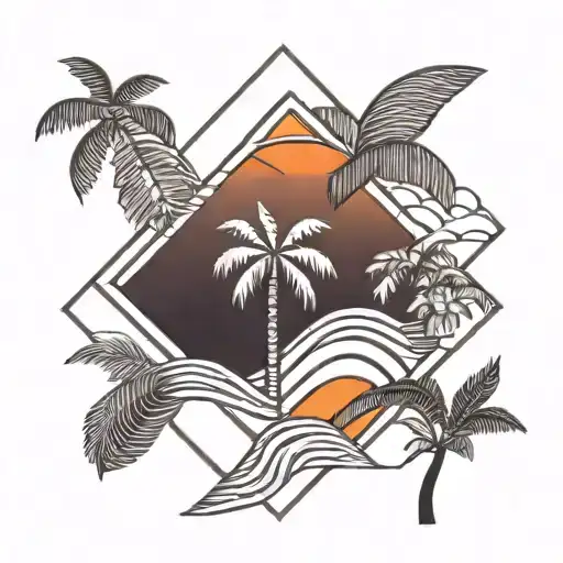 palm tree with an orange blossom and waves with a sunset tattoo design idea