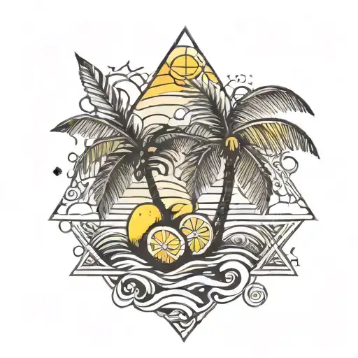 palm tree with lemons and waves under a sunset tattoo design idea