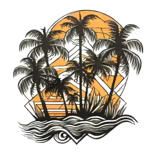 palm tree with orange tree and waves under a sunset tattoo design idea