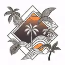 palm tree with an orange blossom and waves with a sunset tattoo design idea