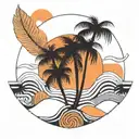 palm tree with an orange blossom and waves with a sunset tattoo design idea