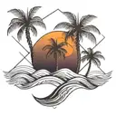 palm tree with an orange blossom and waves with a sunset tattoo design idea