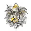 palm tree with lemons and waves under a sunset tattoo design idea