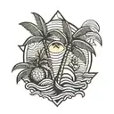 palm tree with lemons and waves under a sunset tattoo design idea