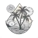 palm tree with lemons and waves under a sunset tattoo design idea