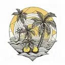 palm tree with lemons and waves under a sunset tattoo design idea